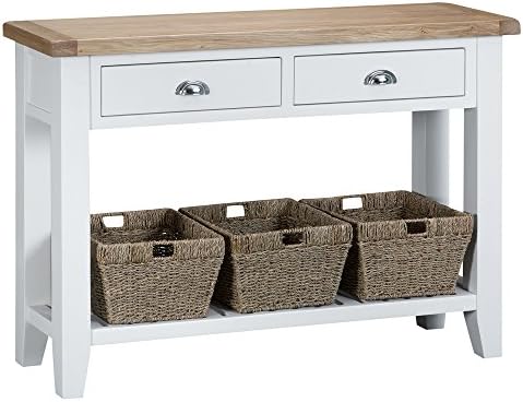 Taunton White Painted Large Console Table 2 Drawers 3 Basket with Lime wash Oak Tops