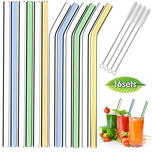 Wotek Cannucce in Vetro, riutilizzabili, 6 dritte, 6 Curve, cannucce + 4 spazzole pulenti Senza plastica, Lavabili in lavastoviglie, Sane, ecologiche, Senza BPA per Long Drink, frullati, succhi