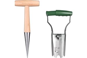 Omevett 2pcs Bulb Planter Tool,Dibber for Planting Stainless Steel Garden Dibber Potato Seed Dibber with Handle and Depth Mark for Flowers Vegetables Seeding and Plants Succulents