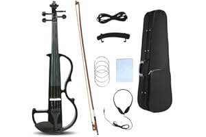 WUQIMUSC Electric violin 4/4 full size Silent Electric Violin Solid Wood body Ebony Fittings with case,bow, headphone,cable,strings for Students, Beginners and Adults (Black)