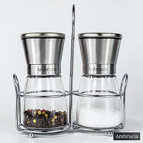 AMBRUCIA – hochwertiges 2-teiliges Salz- und Pfefferset, inklusive *Gratis Trichter *Gratis Ständer – unterschiedliche Mahlgrade einstellbar – Salzmühle – Pfeffermühle – Chilimühle – Gewürzmühle – schönes Glasgehäuse – Keramik-Mahlwerk – rostfrei – korrosionsbeständig – nachfüllbar – geschmacksneutral - 6