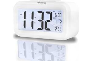 Hiseeyo Upgraded Digital Alarm Clock, 4.3" LED Display with Temperature Larger Lound Light Control Portable Snooze Calendar Brightness with Battery Powered Alarm Clocks Bedside for Everyone (White)