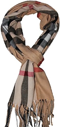 Kissing U Men Winter Warm Scarf Check Plaid Wrap Shawl with Tassels (camel)
