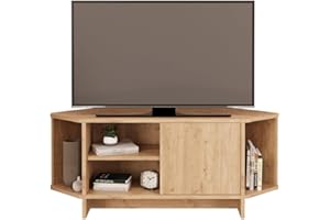 Bimossa Teo Corner TV Stand – Space-Saving TV Unit for 43–48'' TVs, Compact Media Console with Open Shelves & Cabinet, Ready to Assemble, Available in 5 Colours (Oak)