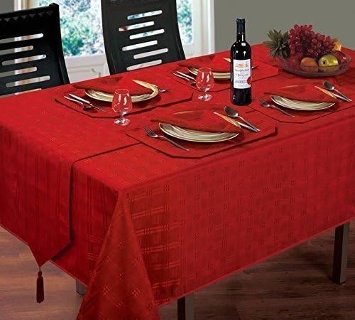 LUXURIOUS MODERN CHRISTMAS WOVEN JACQUARD CHECK RED TABLE CLOTH 70" ROUND &amp; 8 NAPKINS