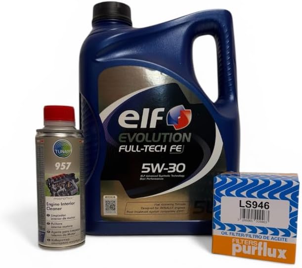 Pack de Mantenimiento Profesional: Aceite ELF Evolution Full-Tech FE 5W-30 (5L) + Limpiador Tunap 957 (200ml) + Filtro de Aceite Purflux LS946 - Compatible con Renault RN0720, Dacia y Nissan