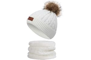 Martin Kench Kinder Winter Beanie Hut Schal Set Winter Mütze Loop Schal Set Kinder Unisex Strick Bommelmütze Wolle Schal für Mädchen Damen