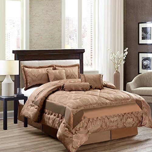 Imperial Rooms Luxury Jacquard 7 Piece Bedding Bedspreads Comforter Sets Bed Sets - ( Double / Caramel ) Include 1 Bedspread 2 Pillow 1 Valance Sheet 1 Cushion Cover 1 Decorative Pillow 1 Neck Pillow