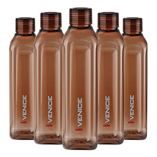 Cello Venice Exclusive Edition Plastic Water Bottle Set, 1 Litre, Set of 5, Brown