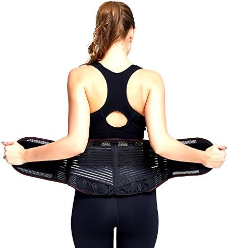 Udoarts Back Support Brace Wtih Removable Steel Splints and Pads (Black, L,Waist/Belly 30"- 35")