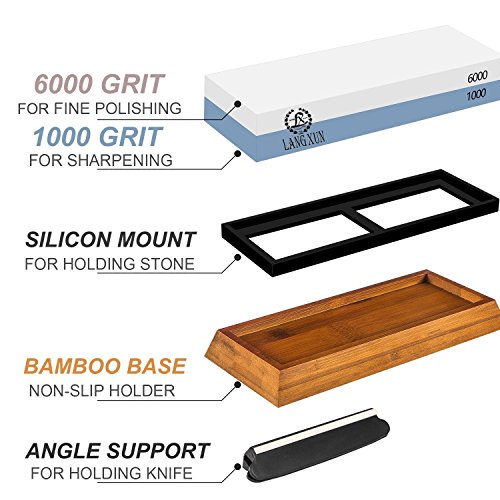 langxun 2-in-1-Messerschärfer Stein, 2 Seite Körnung 1000/6000 Schleifstein | Bonus Bambus rutschfest Boden & Winkel Guide - 2