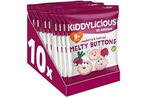 Kiddylicious Raspberry & Beetroot Melty Buttons - Delicious Snacks for Kids - Suitable for 9+ Months - 10 packs
