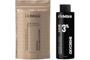 ‎FEMMAS FemMas Blondier-Set: Premium Blondierpulver 100g & Oxycreme 100ml| Perfektes Starter Set für blonde Haare | für bis zu 9 Tonstufen hellere Haare in Salon Qualität (Blond, 3%)