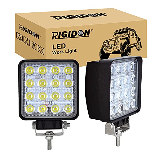 RIGIDON 2 Pcs Faro da Lavoro Led, Piazza 4 Pollici 10 cm 48W Flood Luci di Lavoro a Led, Per Fuoristrada Auto Trattore Escavatore Camion SUV ATV 4x4, Faretti Fendinebbia 12V 24V 6000K Bianca