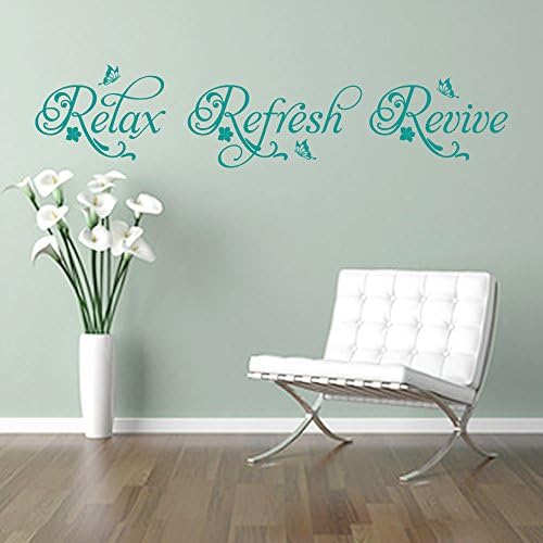 RELAX REFRESH REVIVE quote, flowers and butterflies design, wall art sticker decal words, AQUA GREEN, 80x17.5 cm