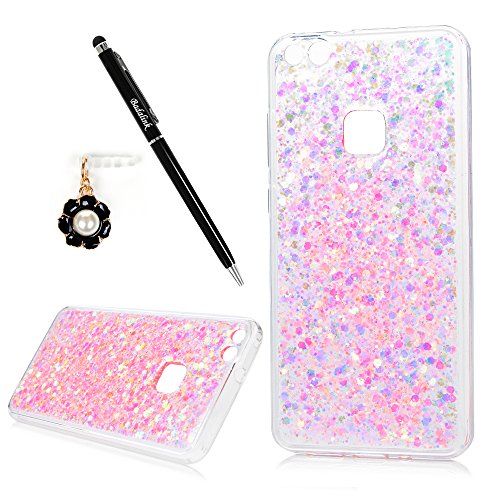Badalink Hülle Huawei P10 Lite Slimcase Glitzer Schutzhülle Hülle PMMA + TPU Rückschale Schutz Hülle Case Tasche Wasserdicht Einteilige Handyhülle Stoßstangen Case Rosarot