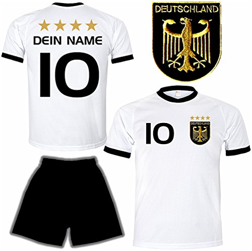 Deutschland Trikot + Hose mit GRATIS Wunschname + Nummer + Wappen Typ #D 2020 im EM / WM weiss – Geschenke für Kinder,Jungen,Baby,.. Fußball T-Shirt personalisiert als Weihnachtsgeschenk