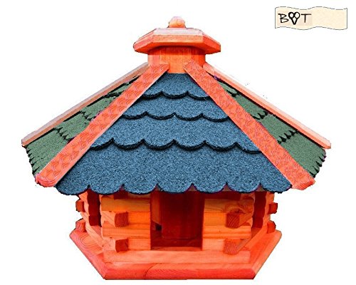 Vogelhaus, Futterstation aus Holz groß B50g-bEMS Holz mit GRÜN BLAU ein mit Ständer Vogelhaus - 2
