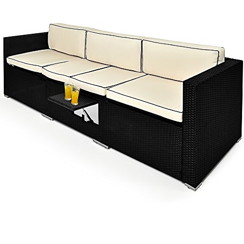 2in1 Poly Rattan Lounge Liege 6-fach verstellbar mit integriertem ausklappbarem Tisch und 20cm dicke Rückenpolster Gartenliege Sonnenliege Relaxliege Rattanliege Liege Couch Sofa - 2