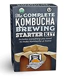 Su nuevo INCLUYE: Vivo Kombucha SCOBY + 1,5 semilleros de té, de un galón Brew del tarro, azúcar de caña sin refinar, mezcla de té, Re-utilizable bolsita de té de algodón, adhesivo Termómetro, tiras de pH, la cubierta del paño de algodón y goma