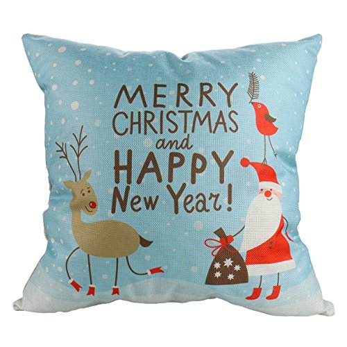 Luxbon Leinen Kissenbezug Lendenkissen Pillowcase Hülle Haus Sofa Zimmer Auto Dekokissen Christmas Weihnachten Karikatur Santa Claus und Rentier Vogel 45 x 45 cm