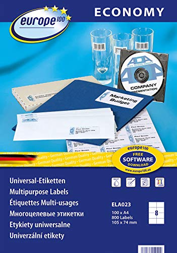 Avery Zweckform - europe 100 ELA023 Premium - Etiquetas universales (105 x 74 mm, 100 hojas, 800 unidades), color blanco
