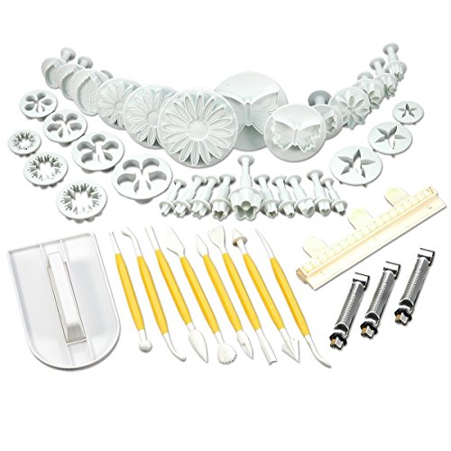 SUNJAS 46tlg Modellierwerkzeug Ausstecher Ausstechform Stempel Glätter Fondant Torten Kuchen Marzipan Kit Set Deko