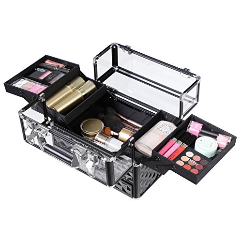 51Vy21JsNlL SONGMICS Mallette À maquillage, Coffre cosmÉtique, BoÎte de rangement, Beauty case, pour Bijoux et produits de maquillage, Couvercle transparent en acrylique, Plateaux dÉployÉs JBC318B