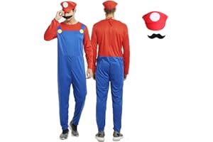 IDOTTA Halloween Plumber Costume Outfits for Kids Adult Unisex Cosplay Fancy Dress up with Bros Hats Cap Mustaches Halloween Cosplay Carnival