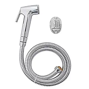 HPF Make in India Indian ABS Plastic Health Faucet with SS 1m Flexible Tube with Brass Nuts and PVC Holder Conti Set, Chrome Finished (Silver)