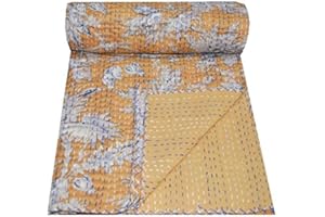 Yuvancrafts Indian Handmade Cotton Kantha Quilt Traditional Floral Print Twin Quilt Blanket Bedspreads Throw (Yellow)