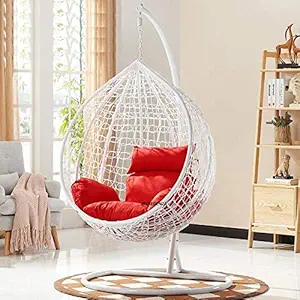 Credenza Iron Round Swing Chair with Red Cushion | Hanging Swing Chair for Adults | Indoor | Outdoor | Balcony | Garden (150 Kg Capacity, White)