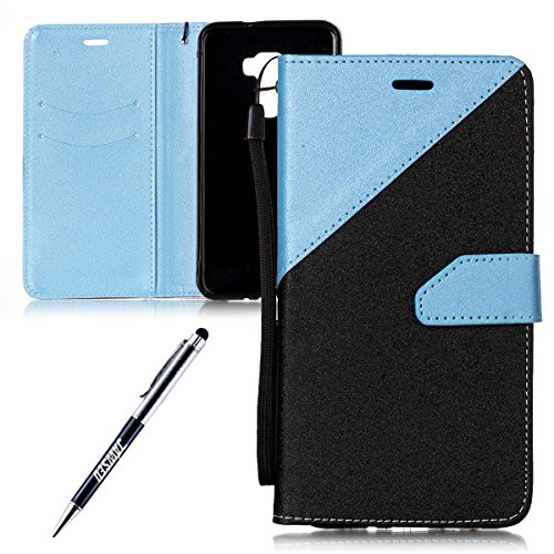 ASUS ZenFone 3 ZE552KL Case, ASUS ZenFone 3 ZE552KL Cover, JAWSEU Luxury Contrast Color Patchwork Premium PU Leather Wallet Flip Cover for ASUS ZenFone 3 ZE552KL Smart Protector Skin Shell with Slim Silicone Case ID Card Slots Kickstand Strap Magnetic Protective Leather Case for ASUS ZenFone 3 ZE552KL + Stylus Pen - Black + Sky Blue
