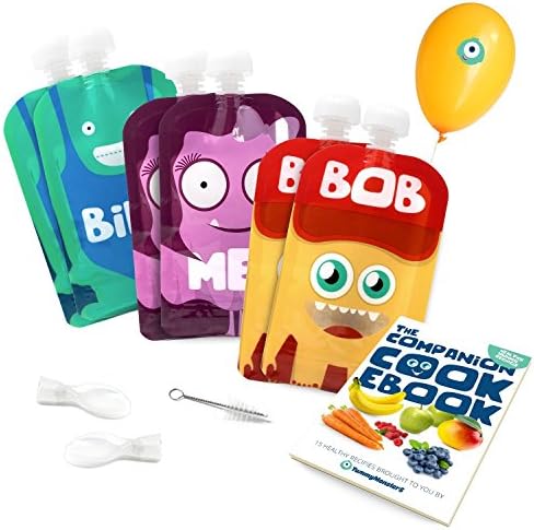 Reusable Food Pouch Kit (6 Pack) + eBook with Recipes + 2 Spoons + 1 Brush Included - BPA Free - Easy Fill &amp; Clean
