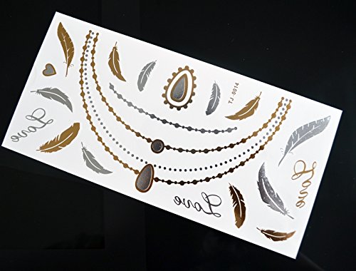10 Bögen Set Metallic Tattoo Flash Tattoo Aufkleber Einmal Tattoo Gold und Silber Schmuck Tattoos Viele Schöne Motive - 8