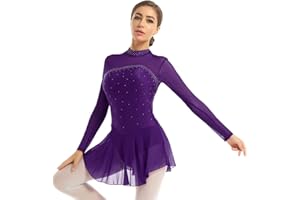 Agoky Damen Neckholder Kleider elegant Langarm Ballettkleid Tanzkleid rückenfrei Eiskunstlauf Kleid Ballett Tanz Gymnastik Trikot Bodysuit gr. 32-40