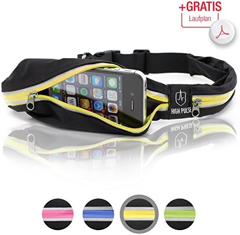 High Pulse Running Belt + Print-Out Training Plan – Multipurpose Exercise Pouch To Store Your Phone, Keys, Cards, Money (Yellow)