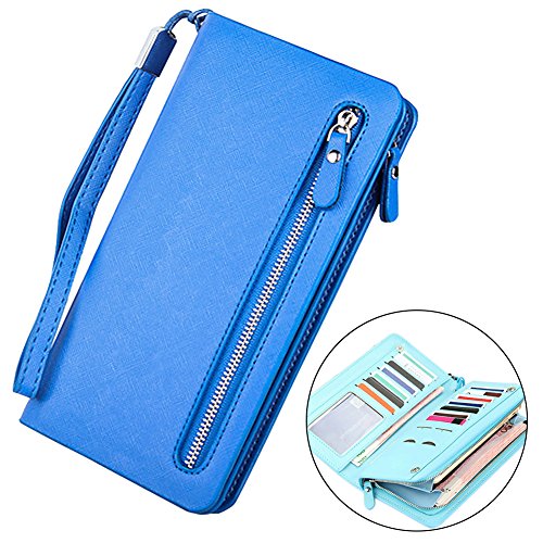Cartera Cremallera Monederos Hombre Billetera Cremallera Bloqueo Hombre de Cuero para Tarjeta de Crédito Mujer Carteras de Cuero Genuino Gran Capacidad -azul oscuro