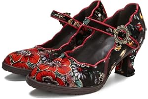 GENERISCH Damen Leder Mary Jane Schuhe, Bunte Vintage Exotische Mary Jane Schuhe Floral Leder Pumps
