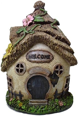 Solar Powered Fairy House Thatched Cottage "Welcome"
