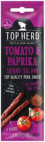 TOP HERD SKINNY SALAMI - TOMATO &amp; PAPRIKA - 40G X 15 PACKS | HEALTHY PEPERAMI | EXCITING FLAVOURS | 100% NATURAL | HIGH PROTEIN | HEALTHY SNACKS | LOW FAT | LOW CARB DIET | GLUTEN FREE | DAIRY FREE | LACTOSE FREE | GRASS FED BEEF | FREE RANGE | BEEF JERKY | FREE FROM | HIGH PROTEIN DIET | GREAT VALUE (Tomato &amp; Paprika, 40g x 15 Packs)