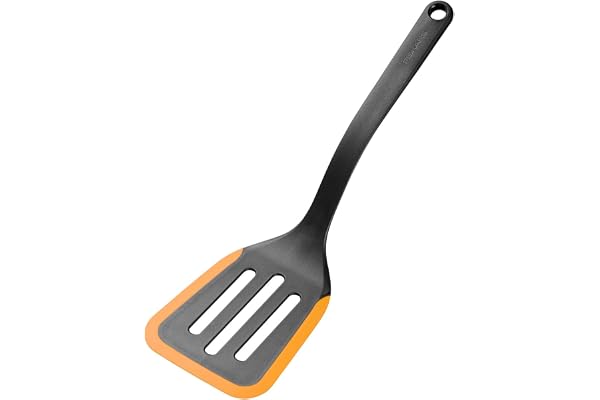 Fiskars Functional Form Stekspade | Integrerad Avställningsyta, Värmebeständig upp till 220°C, Längd 29,5 cm, Plast/Silikon, Svart/Orange, 1079964