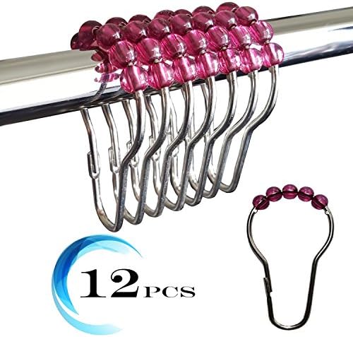 Shower Kitchen Home Curtain Hooks Clear Colourful Plastic Beads Shower Curtain Rings Stainless Steel Rustproof Metal Double Glide Chrome Roller Set of 12 Hooks (Rose/Pink)