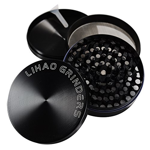 LIHAO Pollen Grinder 3″ Groß 75mm Crusher für Spice,Kräuter,Gewürze,Kaffee,Herb 4-teiliges Set mit Schaber (Schwarz) - 4