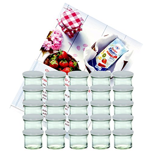 25er Set Sturzglas 125 ml Marmeladenglas Einmachglas Einweckglas To 66 weißer Deckel incl. Diamant-Zucker Gelierzauber Rezeptheft