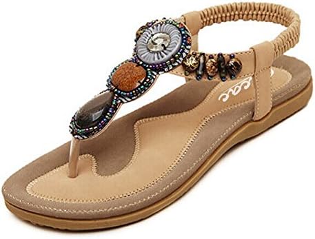 Zicac Women's Round Peep Clip Toe Bead Elastic T-Strap Bohemia Roman Sandals Summer Beach Post Sandals Flip Flops Flat Shoes Thongs - apricot - 3 UK