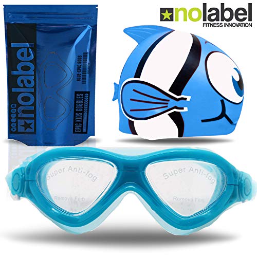 No Label Lunettes de Natation Enfant | Les Lunettes de Natation Epic Série Junior pour Enfants sont étanches et protègent Contre Les UV | Système réglable à Ajustement Rapide de (Bleu/Aqua)