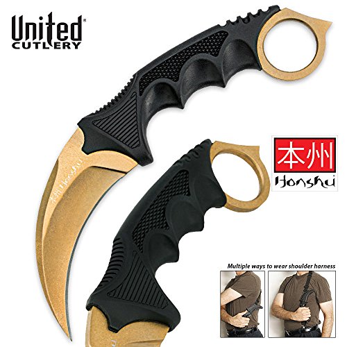 Preisvergleich Produktbild United Cutlery - Honshu Ninja Karambit "Gold Edition" Messer mit Schulter Trageholster (seltenste Version)