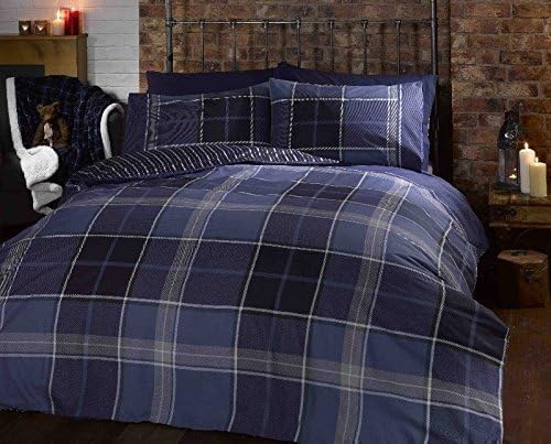 Argo King Bed Size Navy Blue Grey Green Classic Checked Tartan Stripe Reversible Duvet Cover Quilt Bedding Set Hallways ®