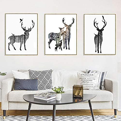 Nordic Ideas Set de 3 Affiches Cerf Tableau Decoration Murale Salon Impressions sur Toile Poster Noir et Blanc sans Cadre PTPC001-S